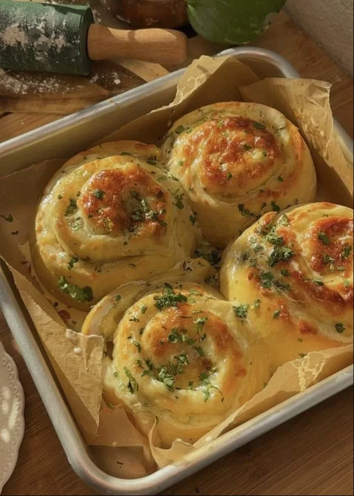 Freshly baked buttery cheese garlic rolls on a wooden board