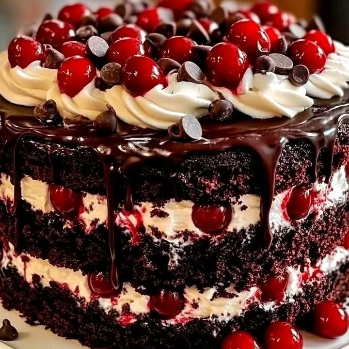 Delicious Cherry Chocolate Cake with cherries and chocolate frosting