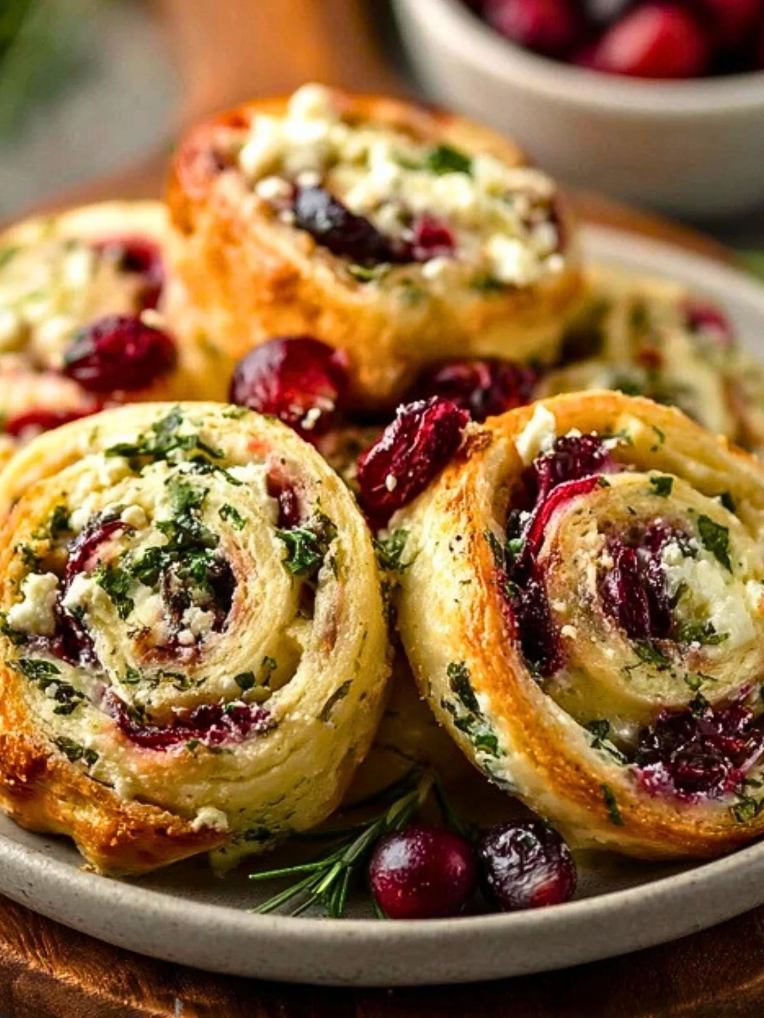 Cranberry Cream Cheese Pinwheels served on a platter, perfect for holiday parties.