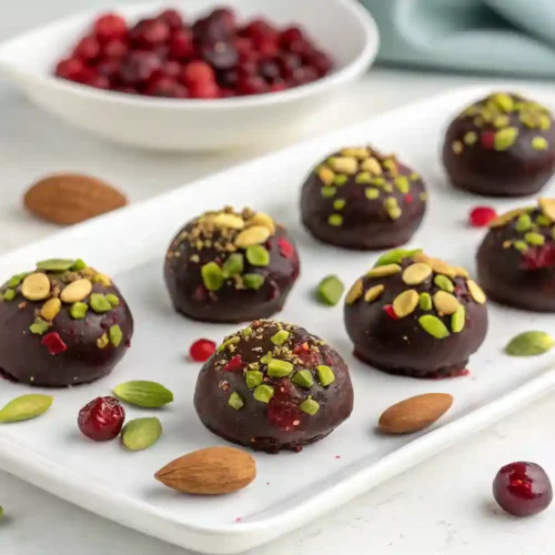Dark chocolate truffles topped with crushed pistachios and almonds, served on a white tray surrounded by cranberries and nuts