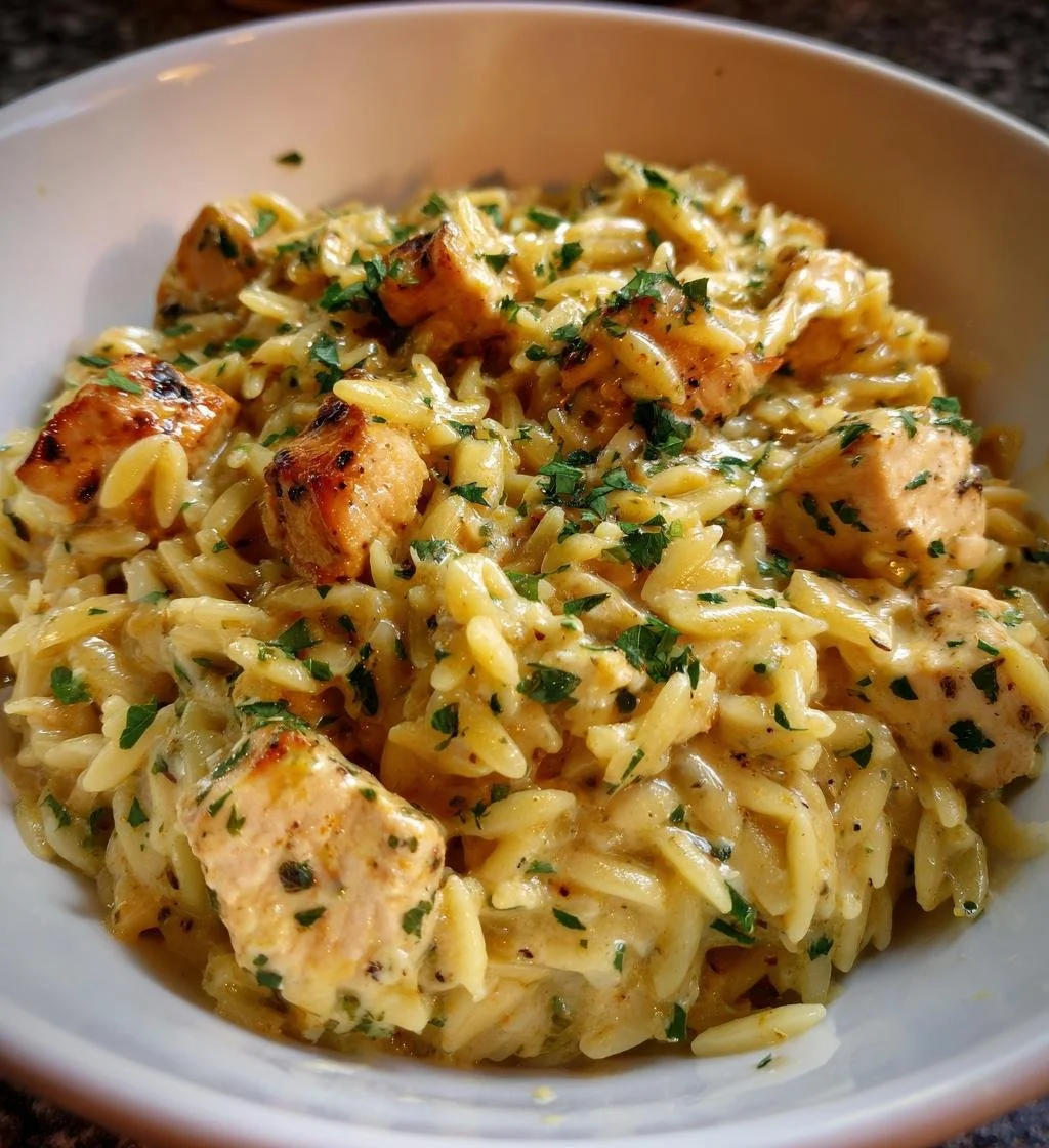 Creamy Parmesan Chicken served with orzo pasta in a comforting dish.