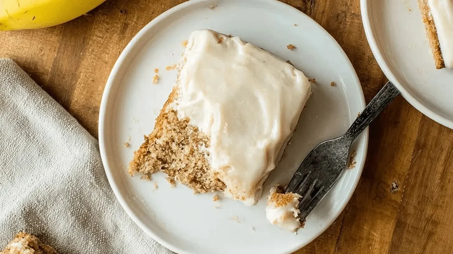 Slice of delicious banana cake with cream cheese frosting on a plate