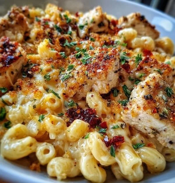 Honey Pepper Chicken Mac and Cheese dish with a creamy texture and flavorful topping.
