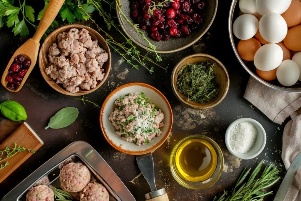 Flat-lay of ground turkey, cranberries, stuffing mix, and herbs for Festive Cranberry Turkey Stuffing Balls recipe