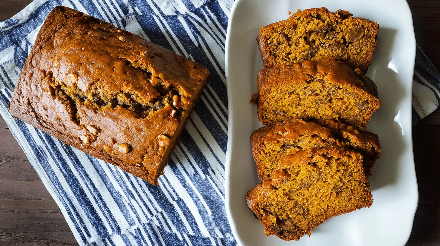 The Best Pumpkin Banana Bread Recipe for Fall Baking Freshly baked pumpkin banana bread loaf with chopped nuts and four ready-to-eat slices on a white plate.