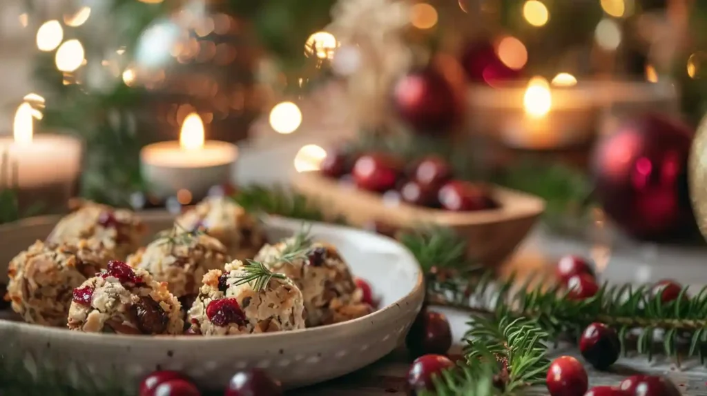 Golden baked Festive Cranberry Turkey Stuffing Balls served with cranberry sauce and herbs on a Christmas table