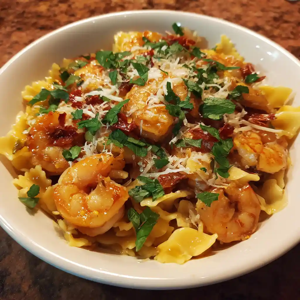 Creamy Sun-Dried Tomato Shrimp Pasta with Spinach | Overhead shot of shrimp rotini pasta with creamy sun-dried tomato sauce and parsley garnish