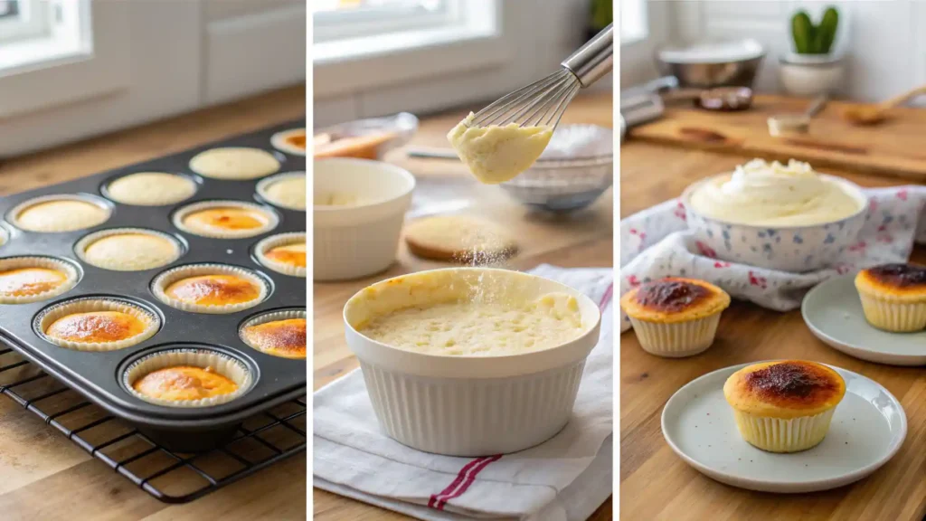 Step-by-step process of making Vanilla Bean Crème Brûlée Cupcakes — baking, whisking custard, and frosting on a wooden kitchen counter.