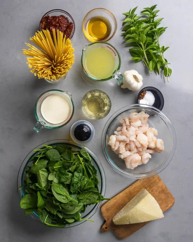 Creamy Sun-Dried Tomato Shrimp Pasta with Spinach | Ingredients for creamy sun-dried tomato shrimp pasta including spaghetti, shrimp, spinach, parmesan, garlic, olive oil, and basil