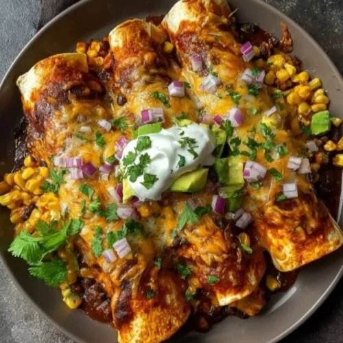 Sweet Potato, Corn, and Black Bean Enchiladas served on a wooden plate