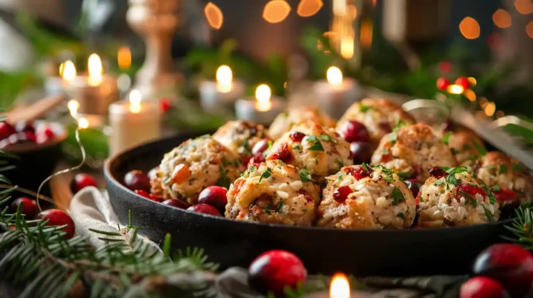 Festive Cranberry Turkey Stuffing Balls on a holiday platter with cranberries and herbs