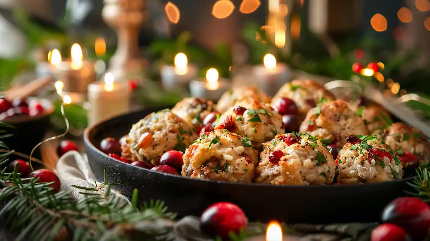 Top 5 Festive Cranberry Turkey Stuffing Balls Recipe Festive Cranberry Turkey Stuffing Balls on a holiday platter with cranberries and herbs