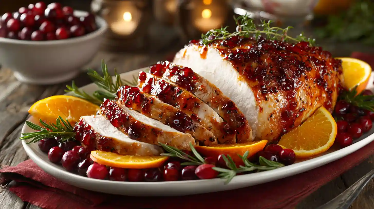Thanksgiving dinner table with cranberry orange glazed turkey breast, mashed potatoes, green beans, and stuffing.