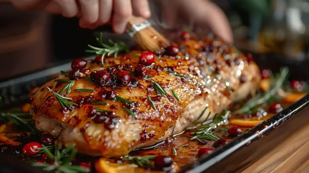 Chef brushing cranberry orange glaze onto a roasting turkey breast during Thanksgiving cooking preparation.