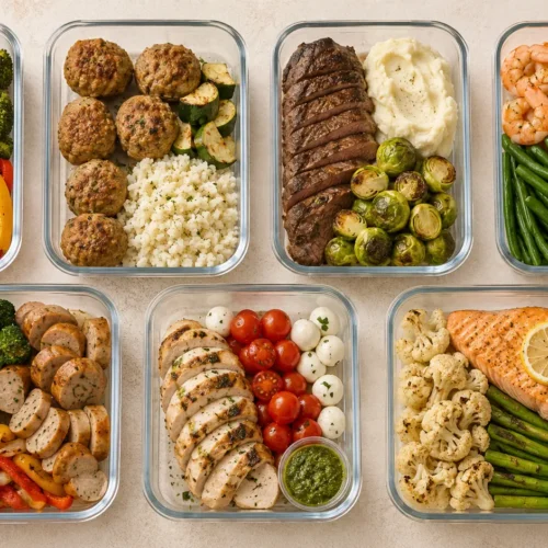 7-Day High-Protein Meal Prep Plan for Easy Lunches Seven high-protein meal prep containers with chicken, turkey, steak, shrimp, chicken sausage, salmon and vegetables