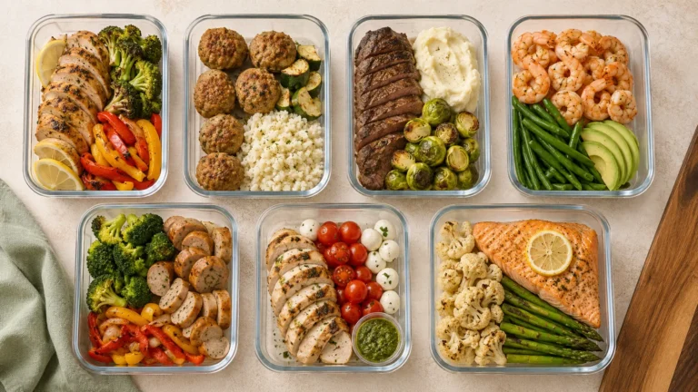 Seven high-protein meal prep containers with chicken, turkey, steak, shrimp, chicken sausage, salmon and vegetables