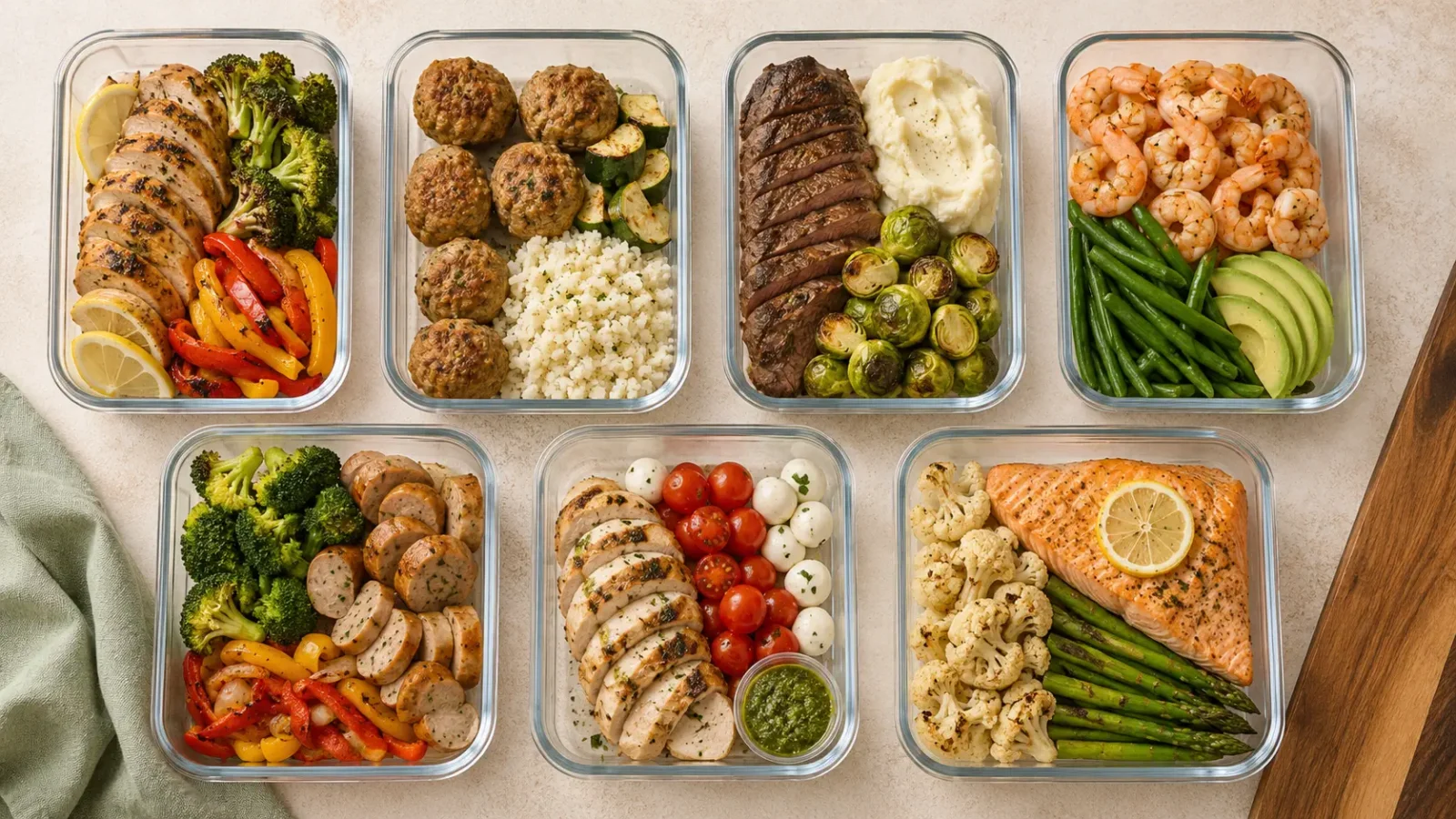 7-Day High-Protein Meal Prep Plan for Easy Lunches Seven high-protein meal prep containers with chicken, turkey, steak, shrimp, chicken sausage, salmon and vegetables
