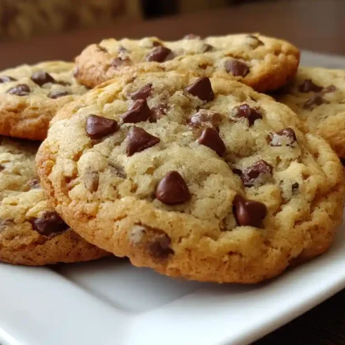 Thick chewy chocolate chip cookies with golden edges stacked on a white plate.