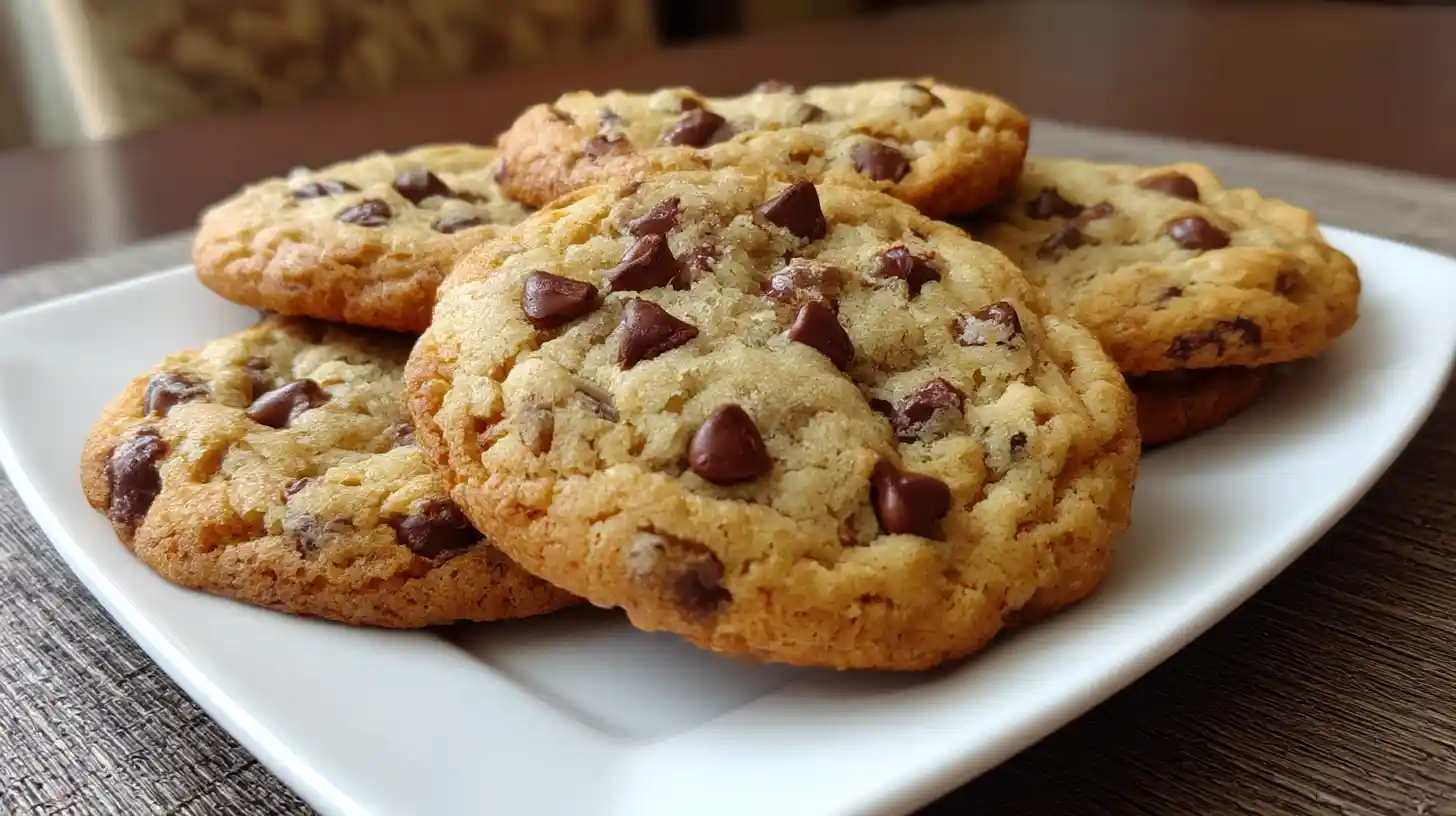 Thick chewy chocolate chip cookies with golden edges stacked on a white plate.