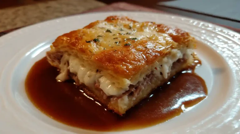 Savory French Dip Squares served on a plate with dipping sauce