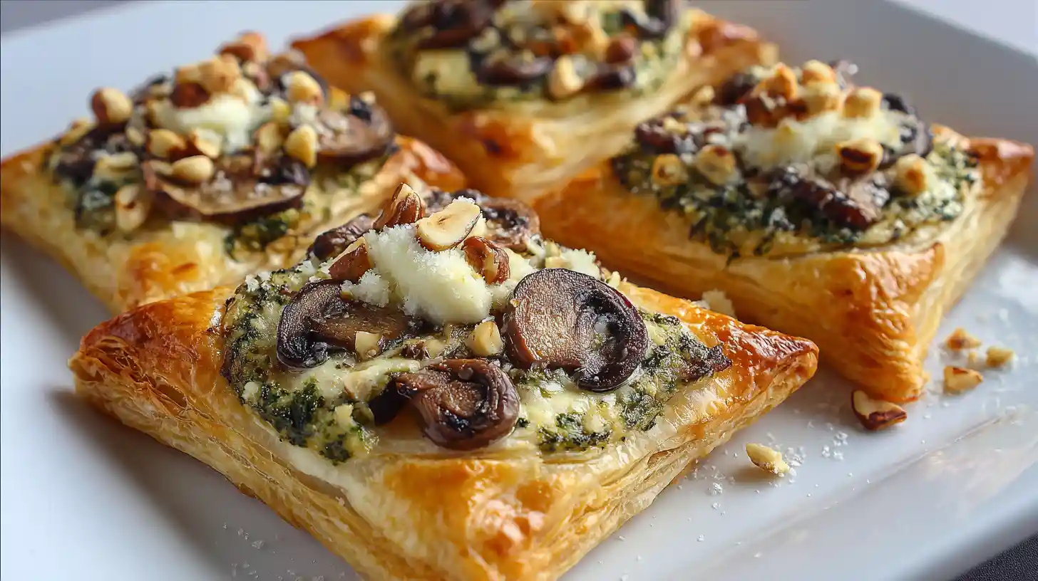 Golden puff pastry squares topped with sautéed mushrooms, cheese, chopped nuts, and herbs on a white plate.