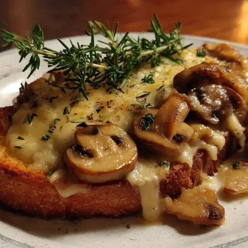 Toasted bread topped with melted Swiss cheese, Swiss-Mushroom-Melt , and fresh thyme garnish on a white plate