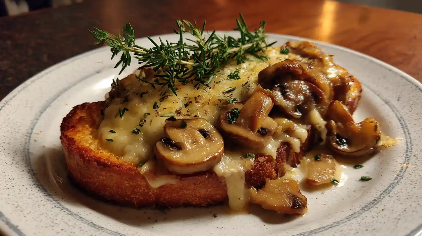 Toasted bread topped with melted Swiss cheese, Swiss-Mushroom-Melt , and fresh thyme garnish on a white plate