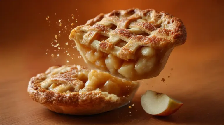 lose-up of a golden lattice apple pie with juicy cinnamon apple filling; flaky crust and crumbs floating in the air over a wooden surface.