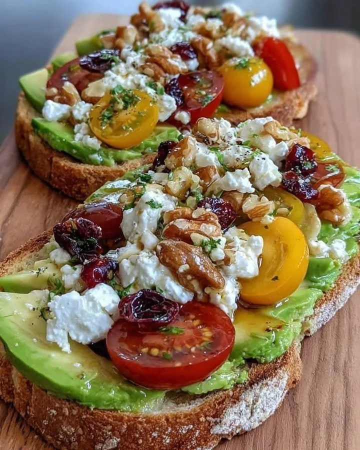 Avocado toast with feta, cherry tomatoes, cranberries, and walnuts on a plate