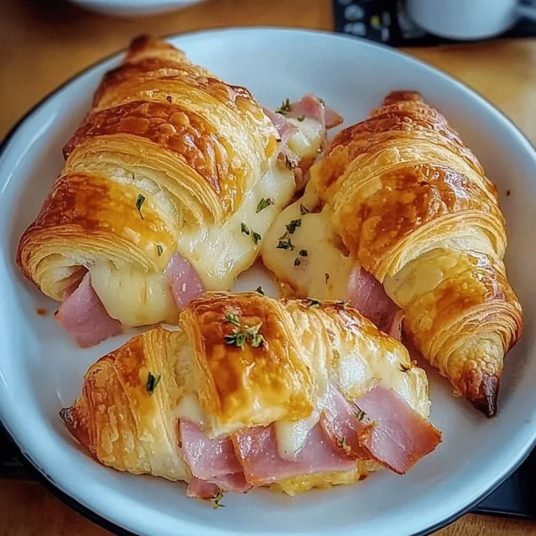 Golden baked ham and cheese croissants on a rustic wooden table