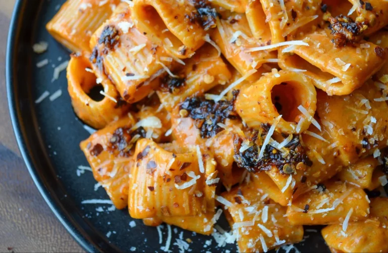 Plate of Brown Butter Penne with Vodka garnished with herbs