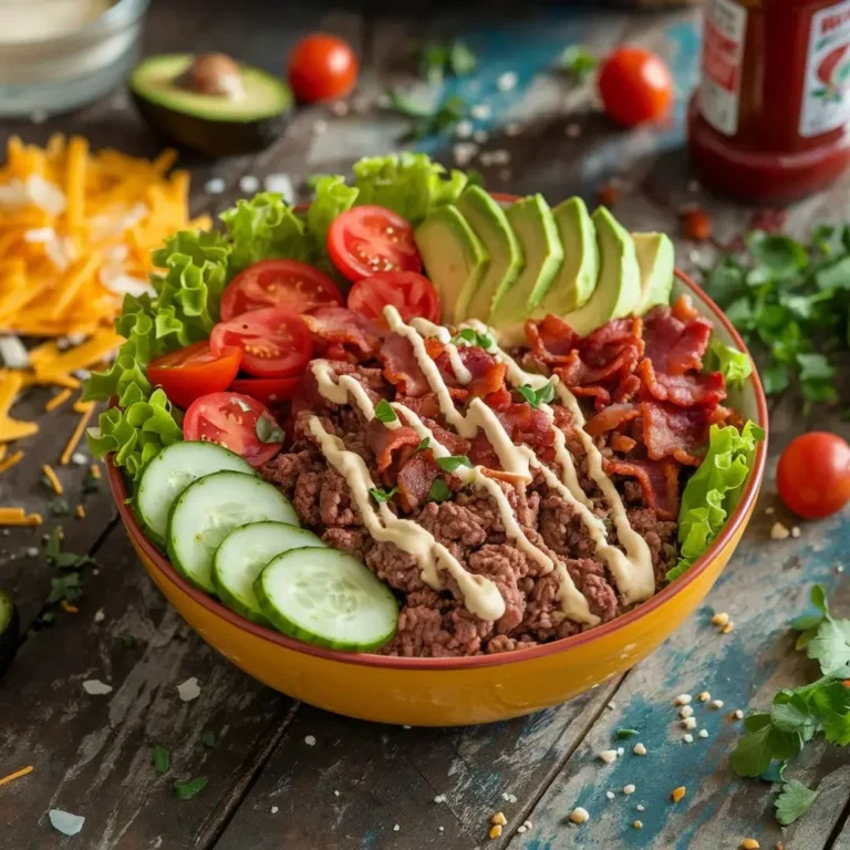 Budget-friendly burger bowl with fresh ingredients and toppings.