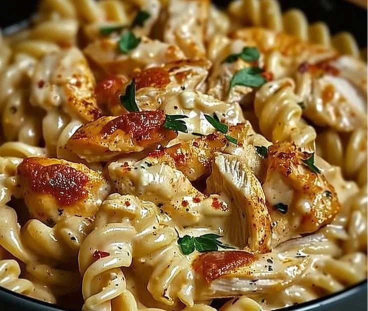 Cajun Cream Cheese Chicken Pasta Bake served in a baking dish