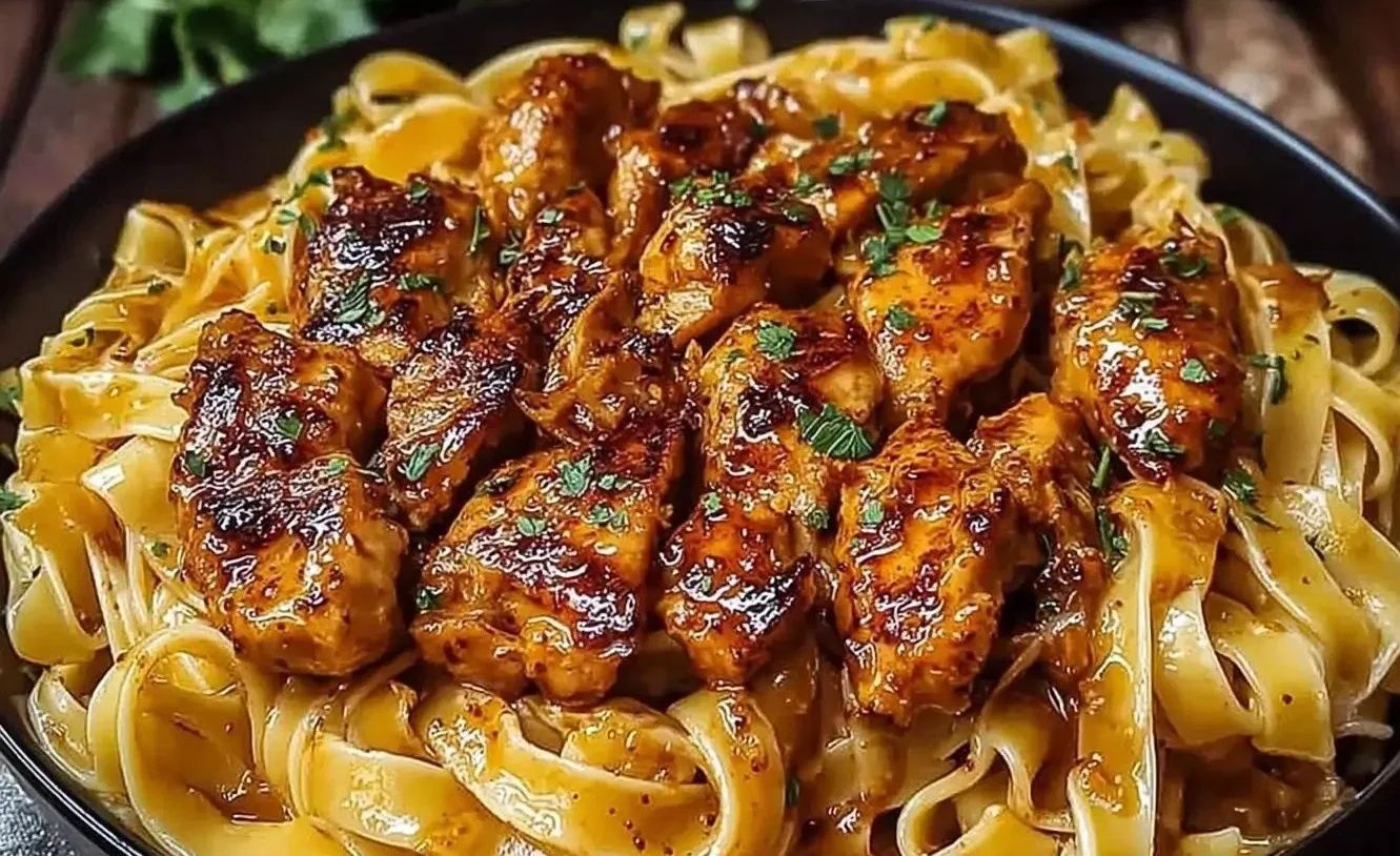 Cajun Honey Butter Chicken Pasta garnished with herbs and spices
