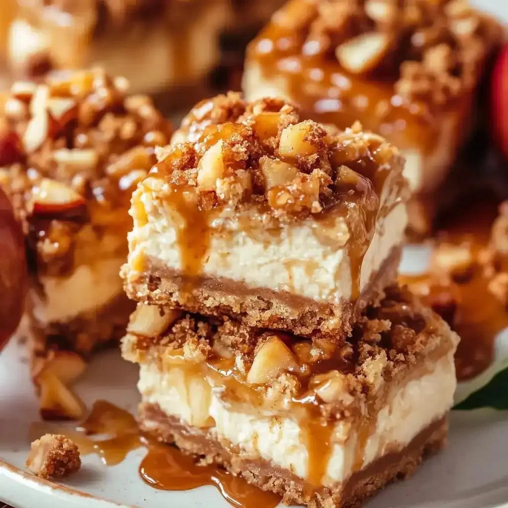 Delicious Caramel Apple Cheesecake Bars topped with caramel drizzle and apple slices