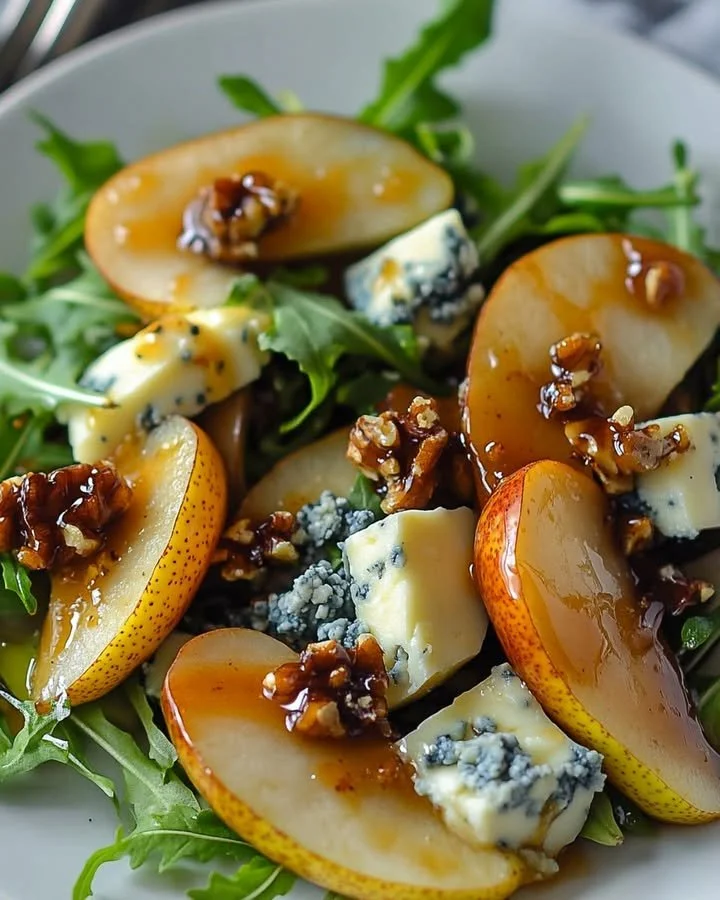 Caramelized Pear and Blue Cheese Salad with mixed greens and walnuts