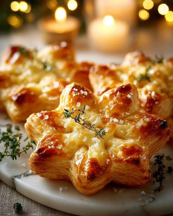 Caramelized pear and brie puffs shaped like snowflakes