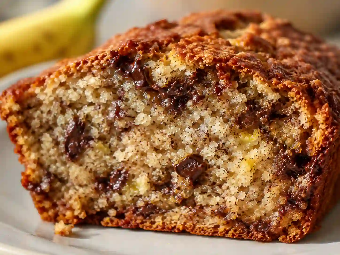 Ultra sharp close-up of moist banana bread crumb with melted chocolate chips