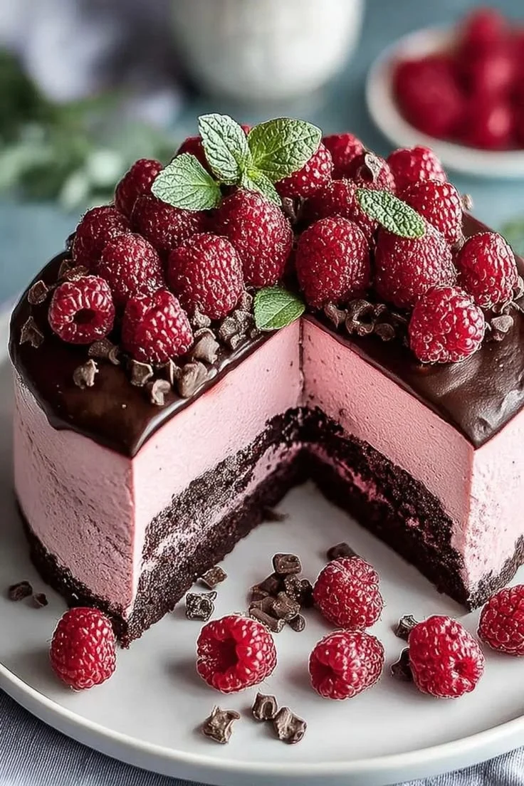 Delicious Chocolate Raspberry Mousse Cake with rich chocolate and raspberry toppings