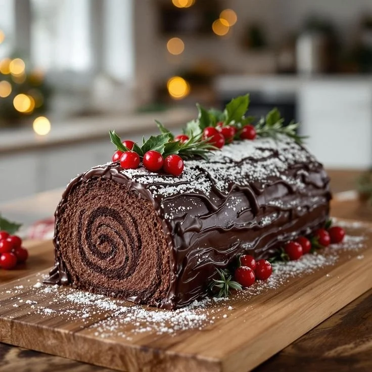 Delicious Chocolate Yule Log dessert decorated for Christmas