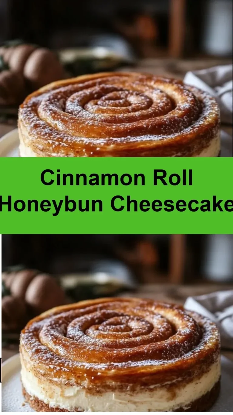Delicious Cinnamon Roll Honeybun Cheesecake topped with caramel and cinnamon swirls