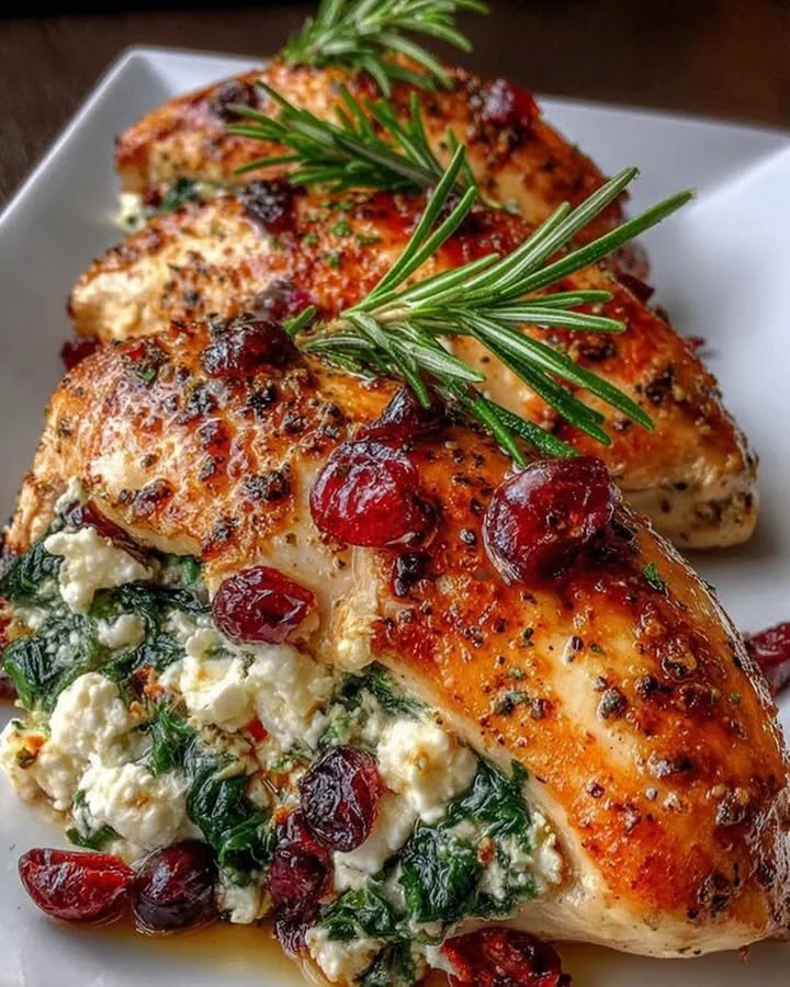 Cranberry and spinach stuffed chicken breasts with goat cheese on a plate