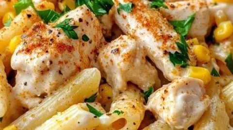 Creamy Cajun Chicken and Corn Penne dish served in a bowl