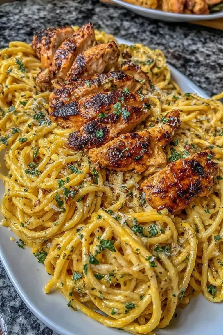 Creamy Cajun Chicken Pasta dish with colorful ingredients and garnishes.