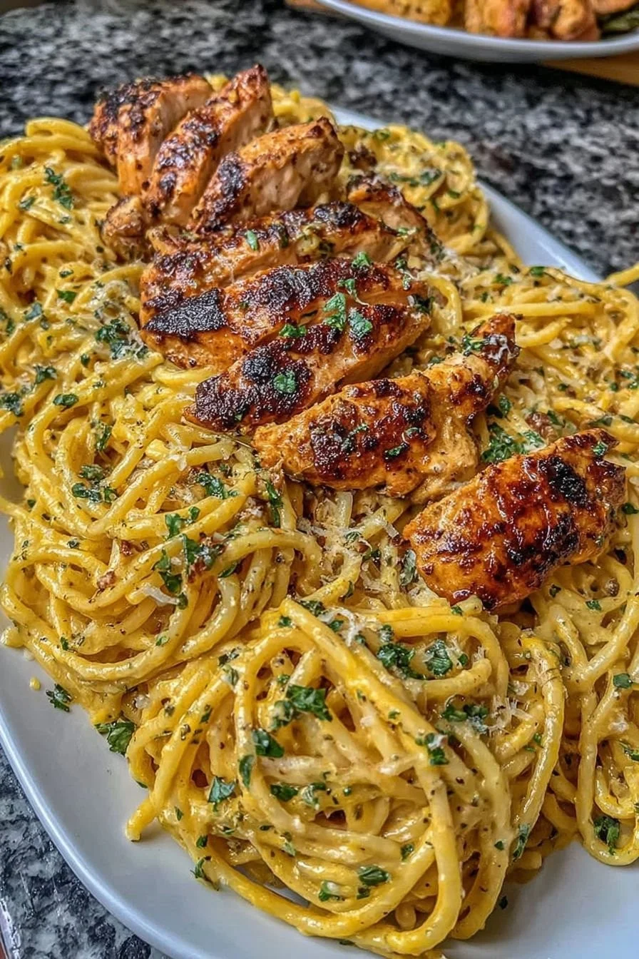 Creamy Cajun Chicken Pasta dish with colorful ingredients and garnishes.
