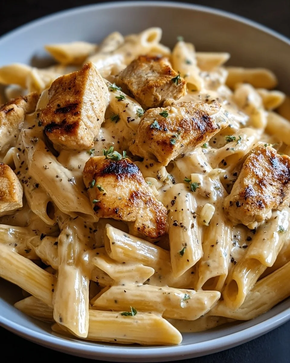 Creamy Cajun chicken pasta with spices and vegetables garnished with herbs