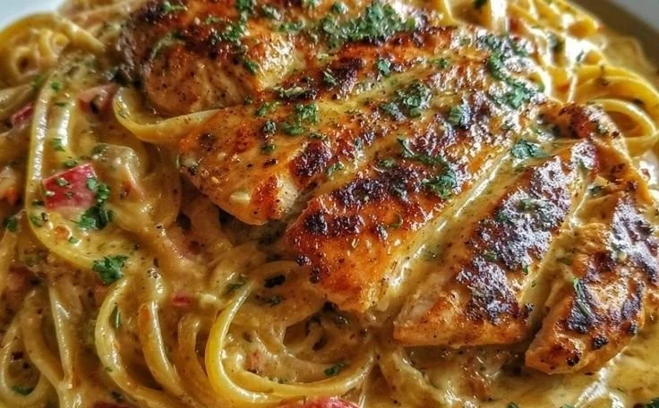 Delicious creamy Cajun chicken pasta served with vegetables and spices