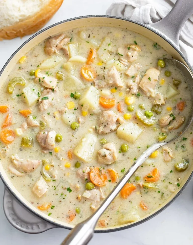 Bowl of creamy chicken and vegetable soup with herbs on a wooden table