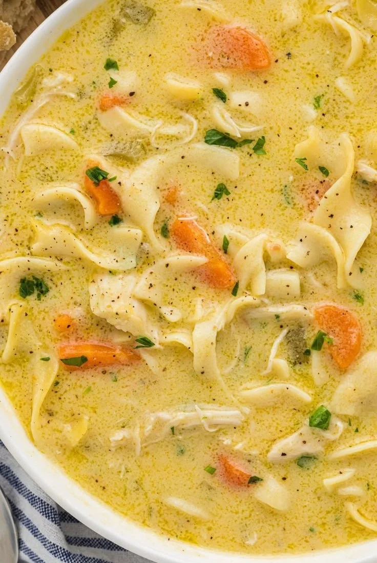 Bowl of creamy chicken noodle soup with vegetables and herbs