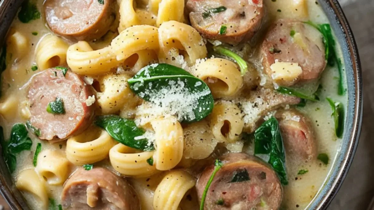 Creamy Parmesan Italian sausage soup in a bowl garnished with herbs.